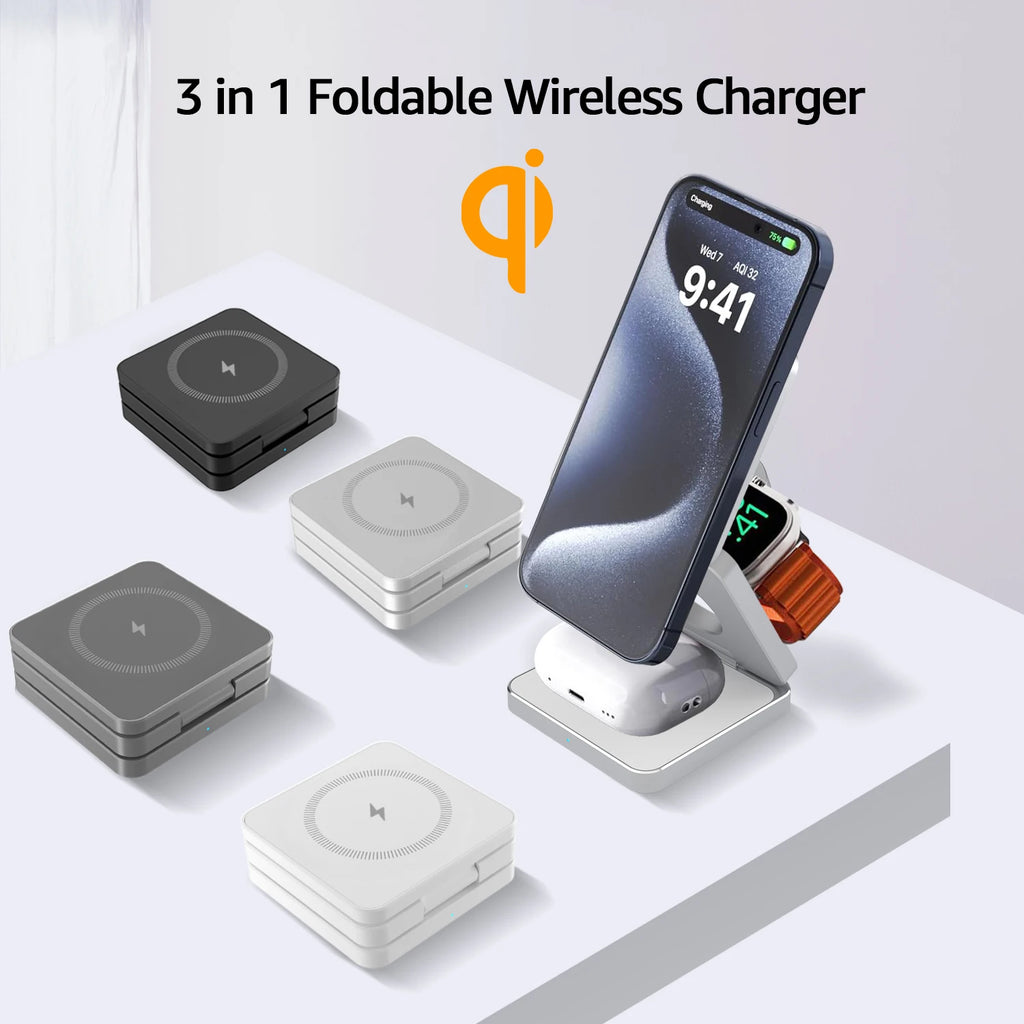 15W Magnetic 3-in-1 Foldable Wireless Charger (iPhone 16/15 Compatible)