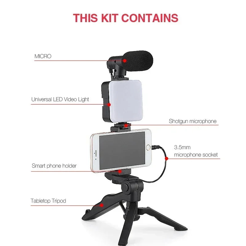 All-in-One Smartphone Vlogging Kit (Mic, Tripod & 49-LED Light)